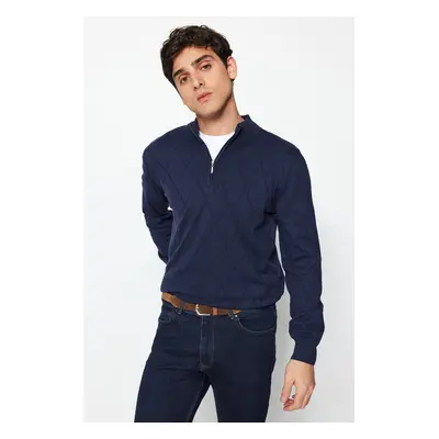 Trendyol Navy Blue Slim Fit Half Turtleneck Zipper Collar Cotton Smart Knitwear Sweater