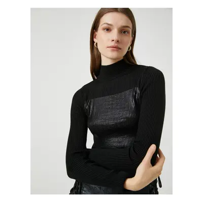 Koton Printed Ribbed Turtleneck Sweater Cashmere Textured