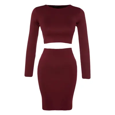 Trendyol Burgundy Super Crop Skirt Knitwear Two Piece Set