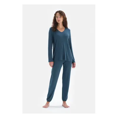 Dagi Oil Blue V-Neck Long Sleeve Piping Detailed Top Jogger Pajamas Set