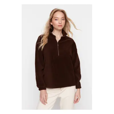 Trendyol Brown Zipper Detailed Fleece Knitted Sweatshirt