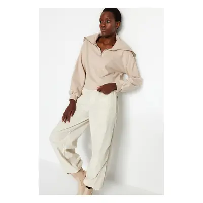 Trendyol Beige Thessaloniki/Knitwear Look Polo Neck Zippered Regular/Regular Fit Knitted Sweatsh