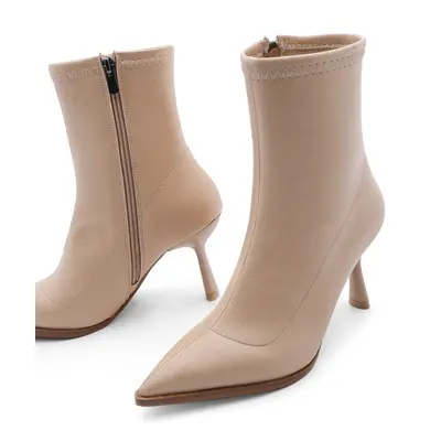 Marjin Women's Heeled Boots Pointed Toe Goblet Heel Casual Classic Boots Holes beige