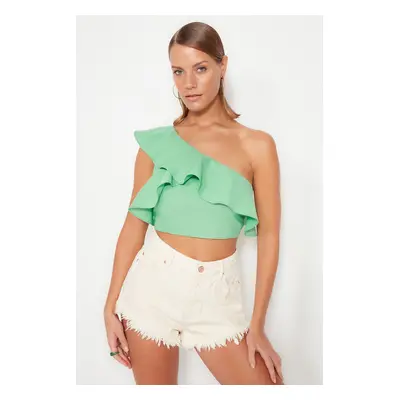 Trendyol Green Crop Woven Flounce One Shoulder 100% Cotton Blouse