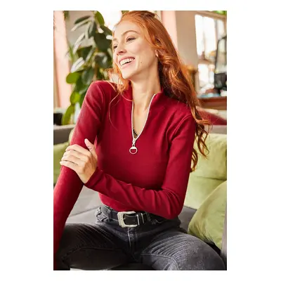 Olalook Women's Burgundy Zippered Turtleneck Lycra Blouse