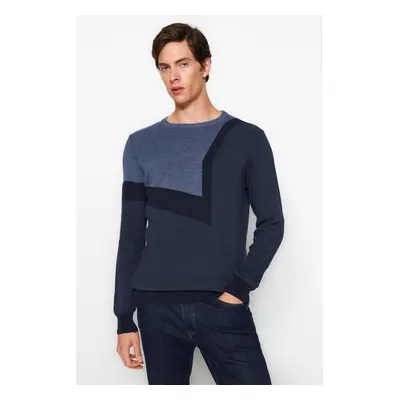 Trendyol Indigo Slim Fit Crew Neck Color Blocked Knitwear Sweater