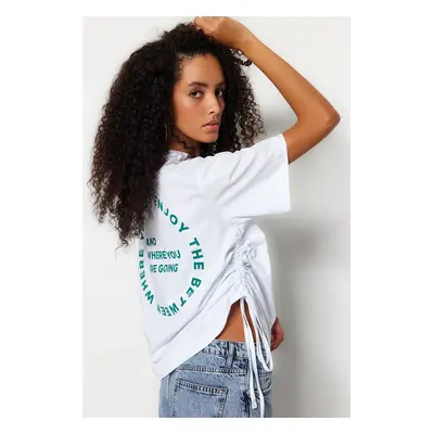 Trendyol White 100% Cotton Back Printed Gathered Oversize/Wide Cut Crew Neck T-Shirt