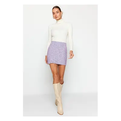 Trendyol Purple Zipper and Slit Tweed Regular Waist Mini Knitted Mini Skirt