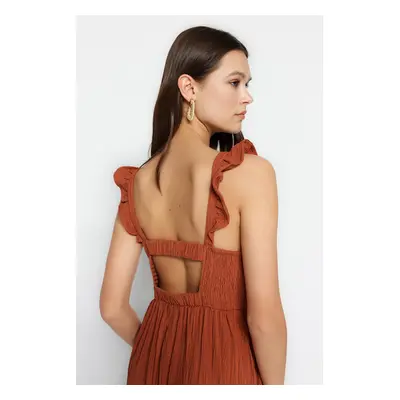 Trendyol Cinnamon Shift/Straight Cut Square Neck Ruffle részletesen kidolgozott Maxi szőtt ruha