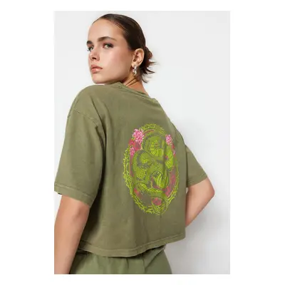 Trendyol Khaki 100% Cotton Faded Effect Back Printed Crop Crew Neck Knitted T-Shirt