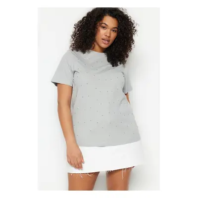 Trendyol Curve Grey Crew Neck Accessory 100% Cotton Knitted T-shirt