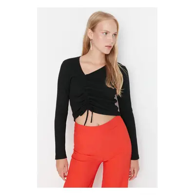 Trendyol Black Shirred Detail Fitted/Sleeping Crop Asymmetrical Collar Ribbed Stretch Knit Blous