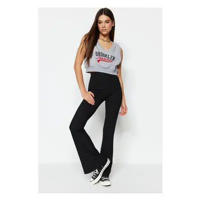 Trendyol Black Ribbed Flare / Flare Leg High Derék, Stretchy kötött Leggings Nadrág