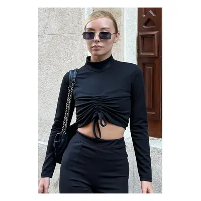 Trend Alaçatı Stili Women's Black Adjustable Half Turtleneck Crop Top with Front Gatherings