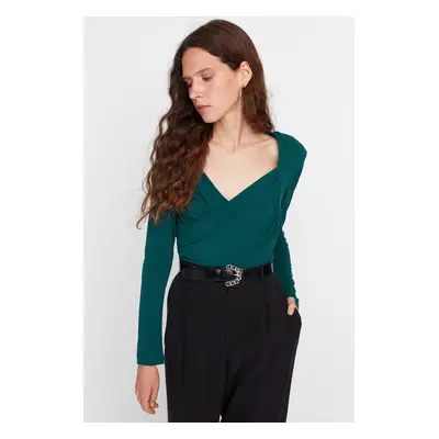 Trendyol Emerald Green Waistband Draped Detail Fitted/Situated Elastic Snaps Knitted Bodysuit