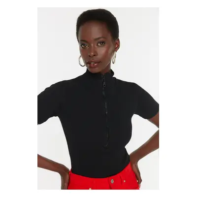 Trendyol Black Zippered Fitted/Sleeved Ribbon Knitted Blouse with a Stand-Up Collar, Stretch