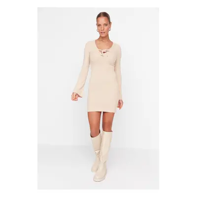 Trendyol Beige Bodycon puha mini kötött ruha