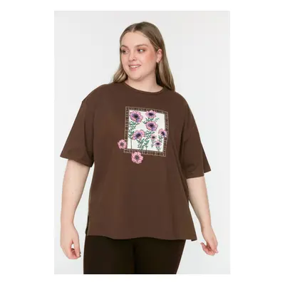 Trendyol Curve Brown Printed Knitted T-Shirt