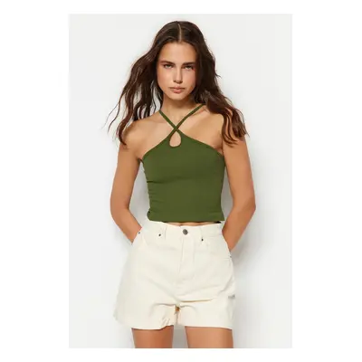 Trendyol Khaki Seamless Drop Detail Fitted Crop Stretch Knitted Blouse