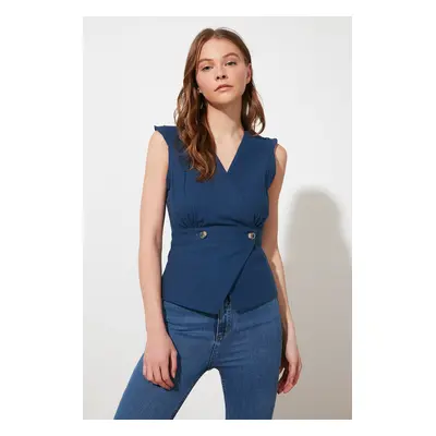 Trendyol Navy Blue Bone Button Detailed Double Breasted Woven Blouse