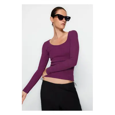 Trendyol Purple Vintage/Faded Effect Ribbed Pool Neck Fitted Cotton Stretch Knitted Blouse