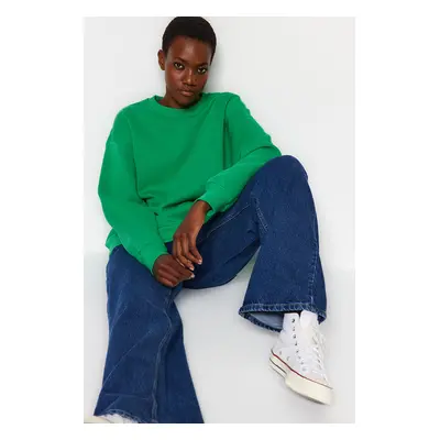 Trendyol Green Oversize/Relaxed Fit Basic Crew Neck Thick/Polar Inside Knitted Sweatshirt