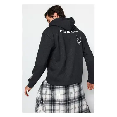 Trendyol Anthracite Oversize/Wide Cut Text Printed Inside Polar Fleece/Warm Sweatshirt