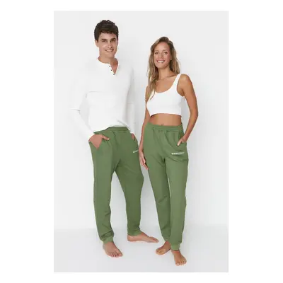 Trendyol Khaki Unisex Normál/Normál szabású Nyomtatott Kötött rugalmas lábak Vastag pamut melegí