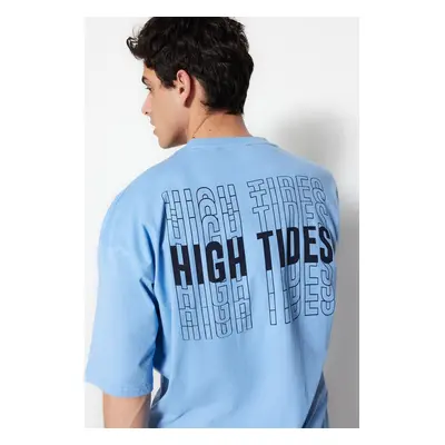 Trendyol Blue Oversize/Wide-Fit Text mintás rövid ujjú 100% pamut póló