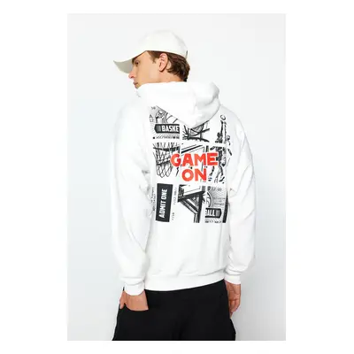 Trendyol Ecru Oversize/Wide Cut Hooded Long Sleeve Basketball Printed Sweatshirt