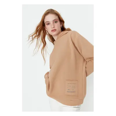 Trendyol Beige Loose Hooded Printed and Raised Knitted Sweatshirt