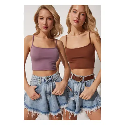 Happiness İstanbul Women's Lilac Brown 2-Pack Straps Knitted Crop Bustier Blouse