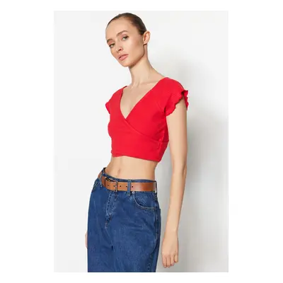 Trendyol Red Crop Corduroy Knitted Cotton Shirt, Double Breasted, Double Breasted