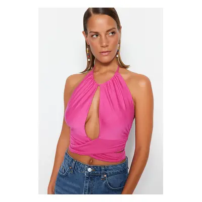 Trendyol Fuchsia Crop Knitted Tie Blouse