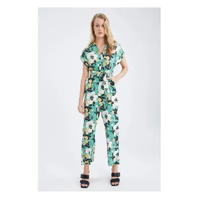 DEFACTO Short Sleeve Floral Print Belted Midi Dungarees