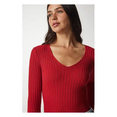 Happiness İstanbul Women's Red V-Neck Basic Ribbed Basic Blouse