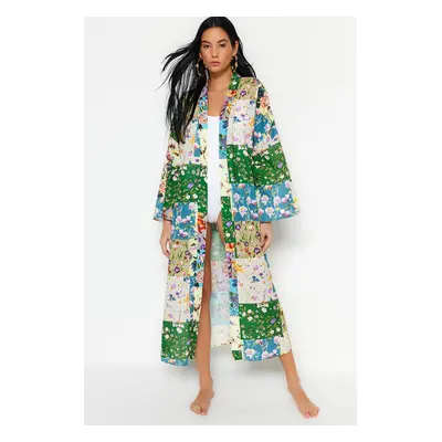 Trendyol Floral Patterned Belted Maxi Woven 100% Cotton Kimono&Kaftan