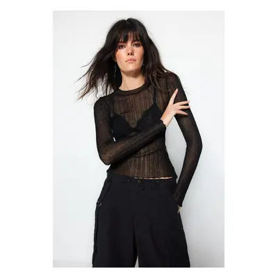 Trendyol Black Sheer Look garbós kötöttáru pulóver