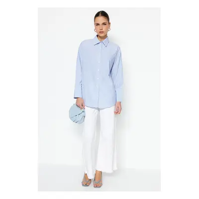 Trendyol Light Blue Wide Cuff Woven Cotton Striped Shirt