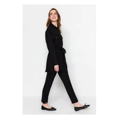 Trendyol Black Belted Linen Look Shirt-Pants Suit