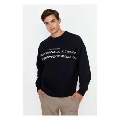 Trendyol Navy Blue Oversize/Wide Cut Crew Neck Text Printed Sweatshirt