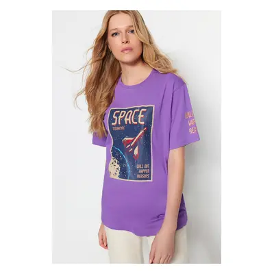 Trendyol Purple 100% Cotton Space Printed Boyfriend Fits Crew Neck Knitted T-Shirt