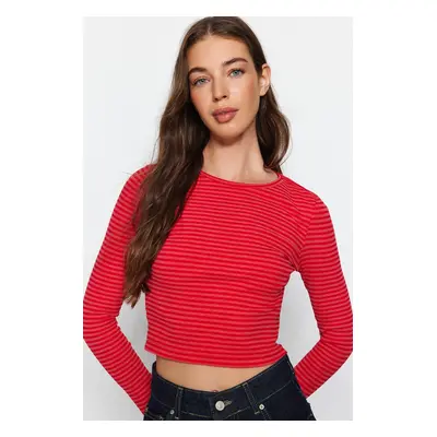 Trendyol Red Striped Slim Crop Crew Neck Ribbed Flexible Knitted Blouse