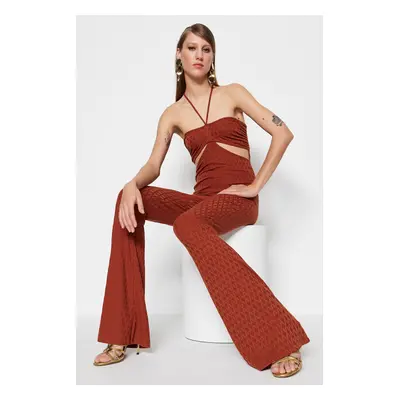 Trendyol Cinnamon Knitted Window/Cut Out Detail Textured Self Patterned Jumpsuit