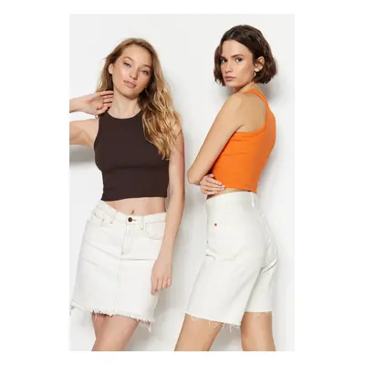 Trendyol Brown-Orange 2-Pack Fitted Crop Ribbed Stretch Knit Undershirt