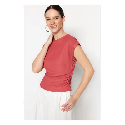 Trendyol Basic Crew Neck Ruffled Knitted Blouse with Dusty Rose Gather Detail