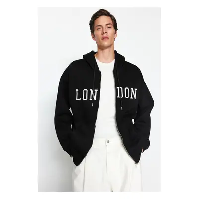 Trendyol Black Oversize/Wide Cut City Embroidered Hooded Cotton Sweatshirt-Cardigan