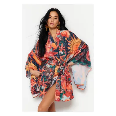 Trendyol Tropical Patterned Belted Mini Woven Kimono & Kaftan