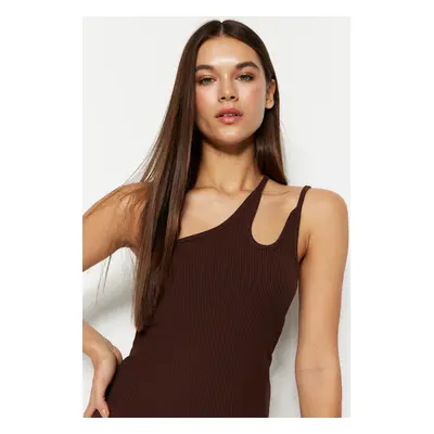 Trendyol Brown One-Shoulder Fitted/Plastic Ribbed Stretch Knit Blouse