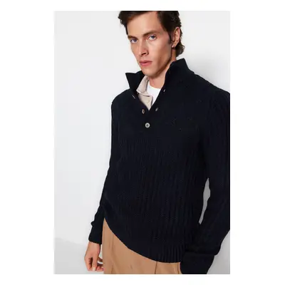 Trendyol Navy Blue Unisex Fit Half Turtleneck Buttoned Knitwear Sweater